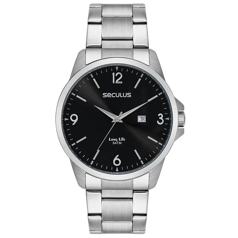 Relógio Masculino Prata Aço Calendário Com Visor Preto