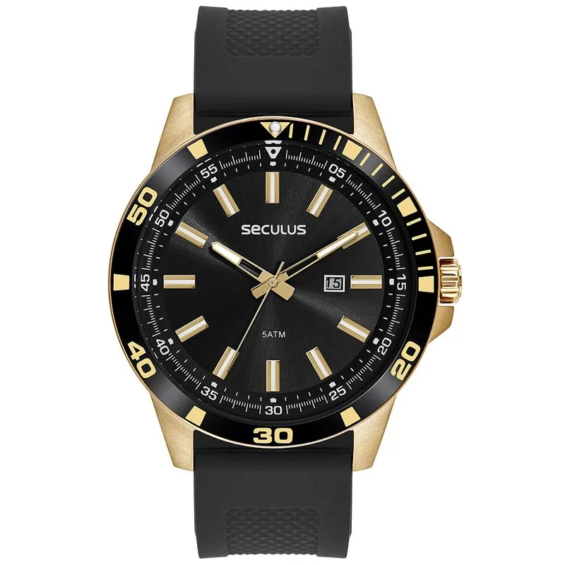 Relógio Masculino Calendário Pulseira Silicone Dourado