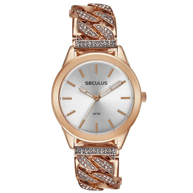 Relógio Feminino Corrente Cristais Rosé