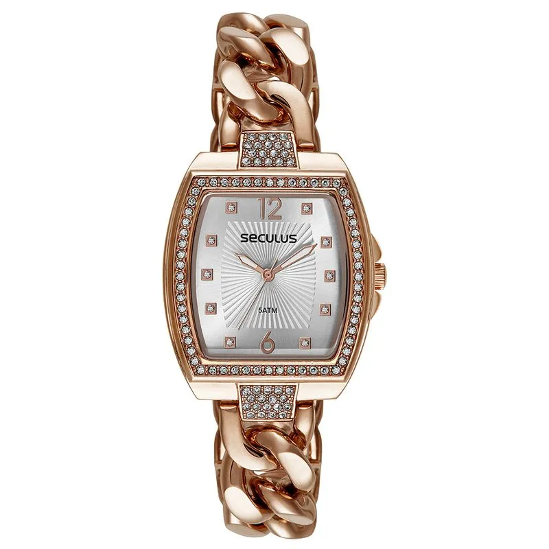 Relógio Feminino Quadrado Corrente Cristais Rosé