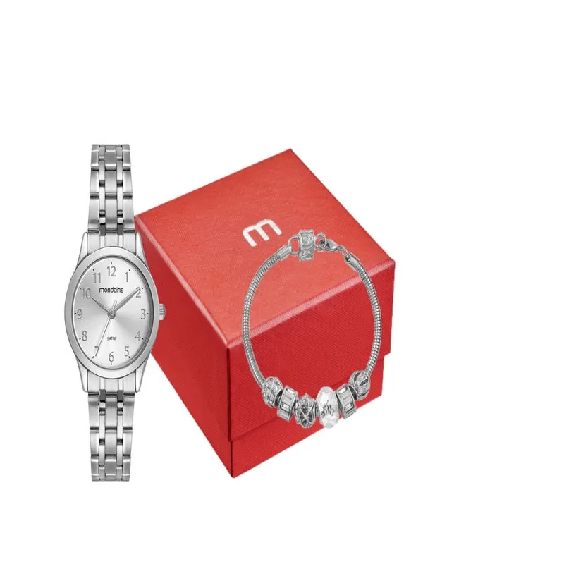 Kit Relógio Feminino Clássico Prata Com Pulseira de Berloques