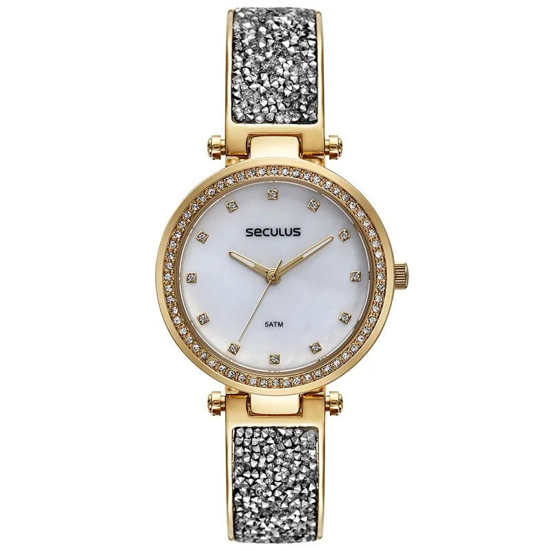 Relógio Feminino Bracelete Cristais Dourado