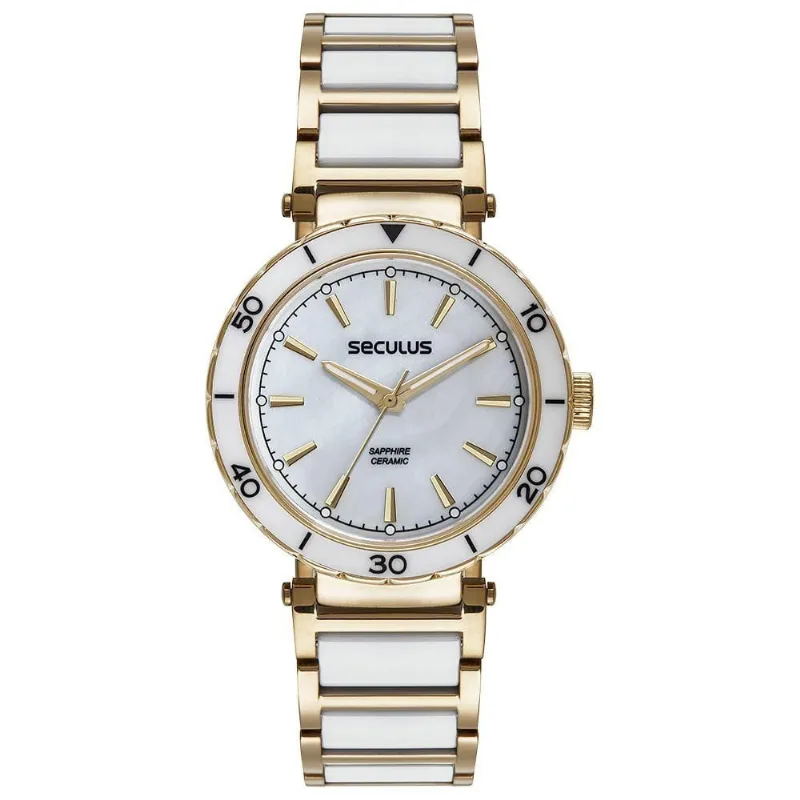 Relógio Feminino Cerâmica Analógico em Metal com Cristal Safira Dourado Séculus