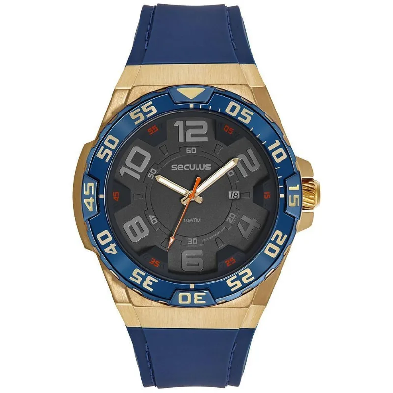 Relógio Masculino Catraca Giratória Dourado Analógico em Silicone com Aro 3D Séculus