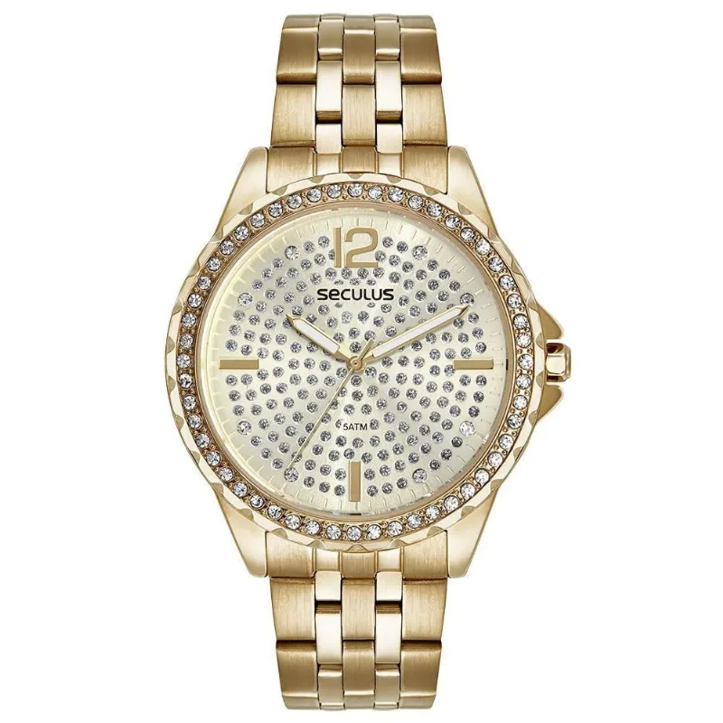 Relógio Feminino Shiny Analógico em Aço Inox com Cristais Dourado Séculus