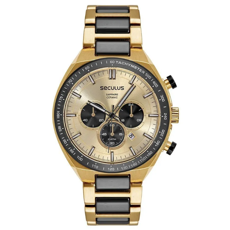 Relógio Masculino Cerâmica Dourado Cronógrafo em Metal com Fecho Dobrável Séculus 47CM