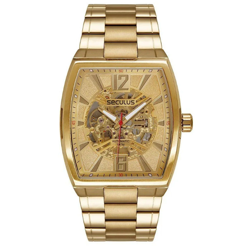 Relógio Masculino Automático Aço Vidro Abaulado com Pulseira em Aço Inox Séculus