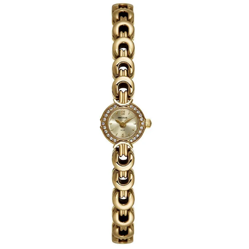 Relógio Feminino Micromovimento Cristais Dourado em Aço Inox Séculus 14MM