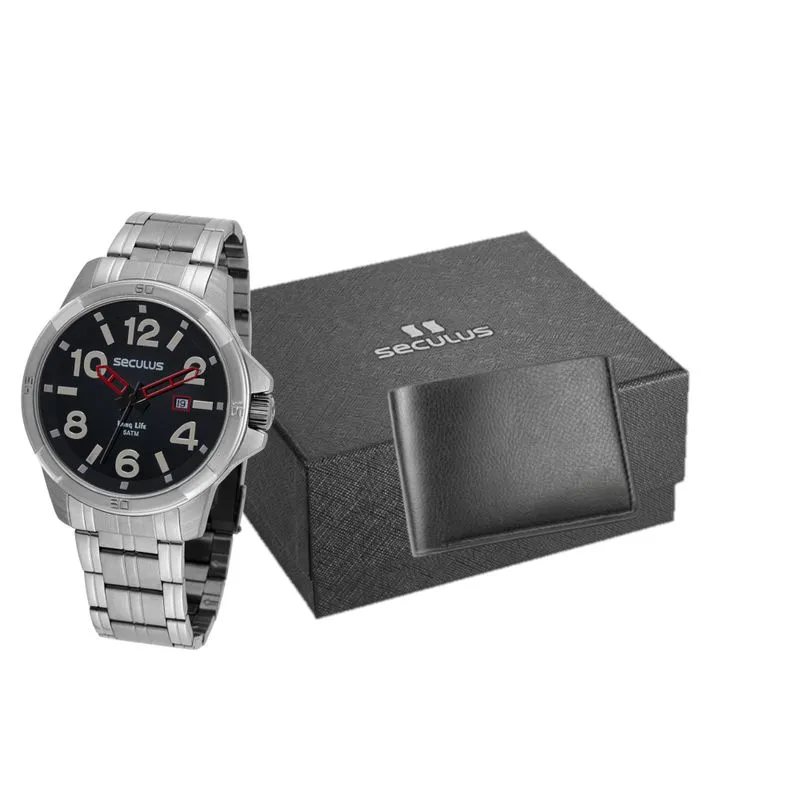 Kit Relógio Masculino Aço Prata com Carteira