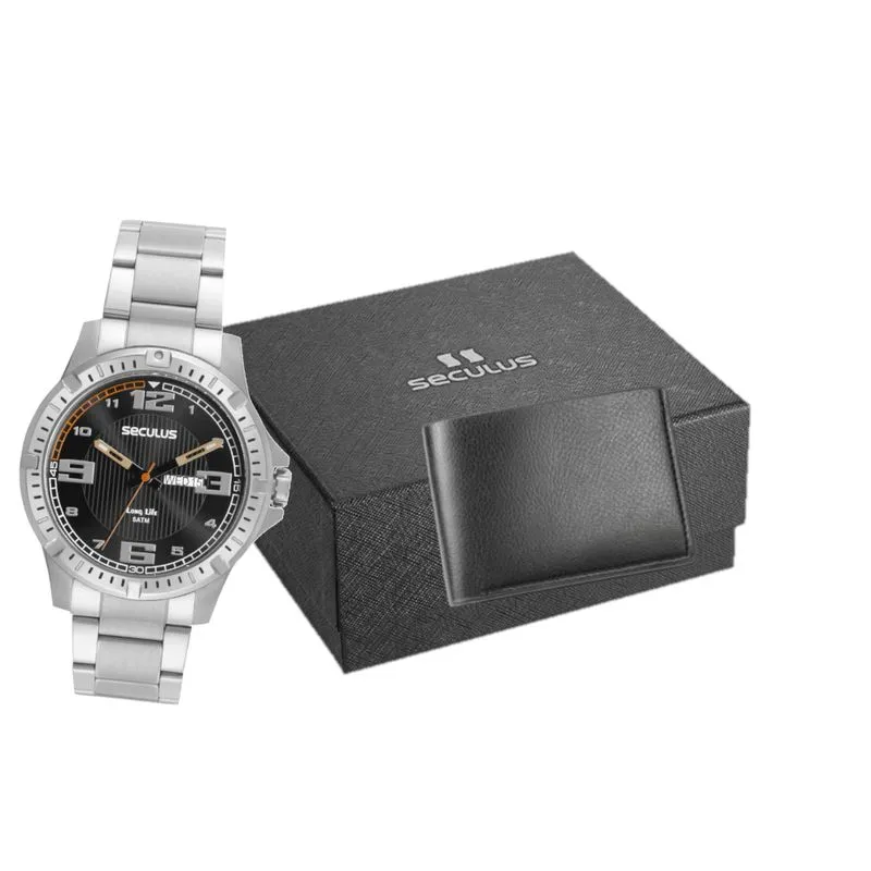Kit Relógio Masculino Aço Prata com Carteira