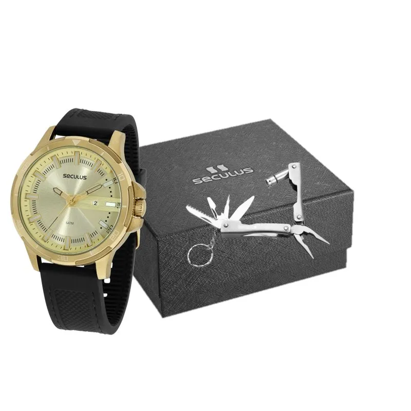 Kit Relógio Masculino Dourado Com Alicate Multifunção