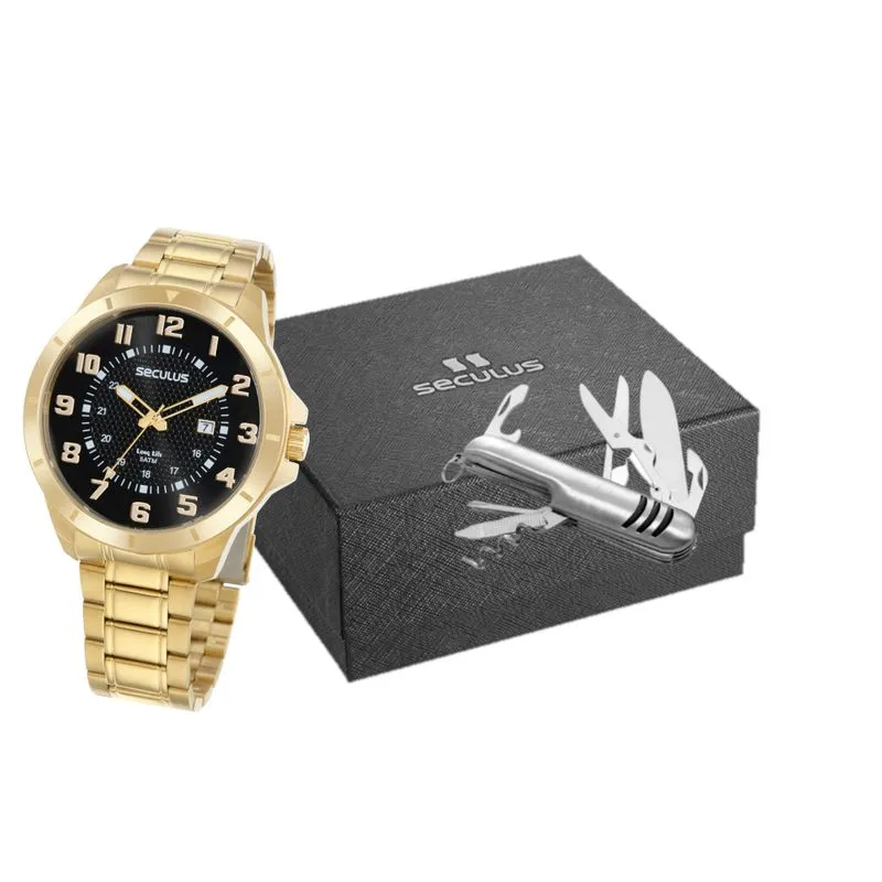 Kit Relógio Masculino Dourado Com Canivete Multifunção
