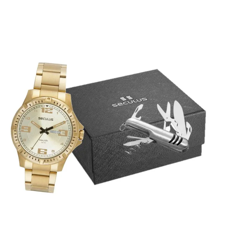 Kit Relógio Masculino Aço Dourado com Canivete Multifunção