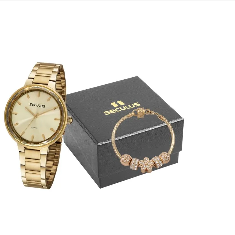Kit Relógio Feminino Casual Dourado Com Semijoias