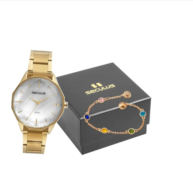 Kit Relógio Feminino Vidro Facetado Dourado Com Pulseira