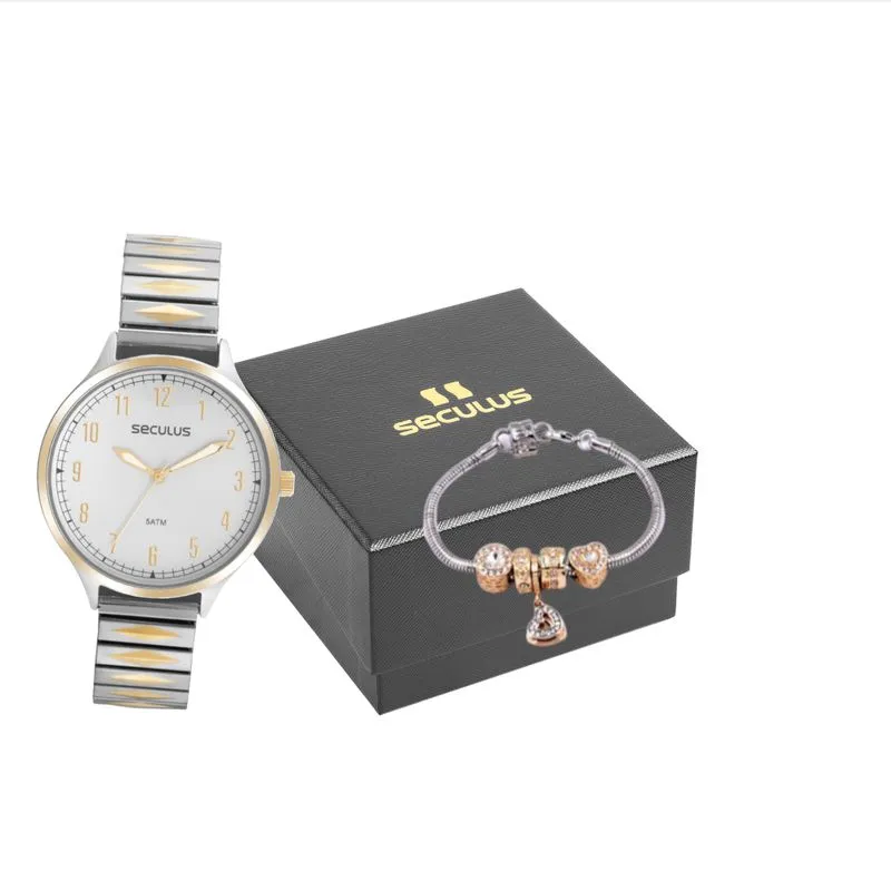 Kit Relógio Feminino Casual Bicolor Com Pulseira Berloques