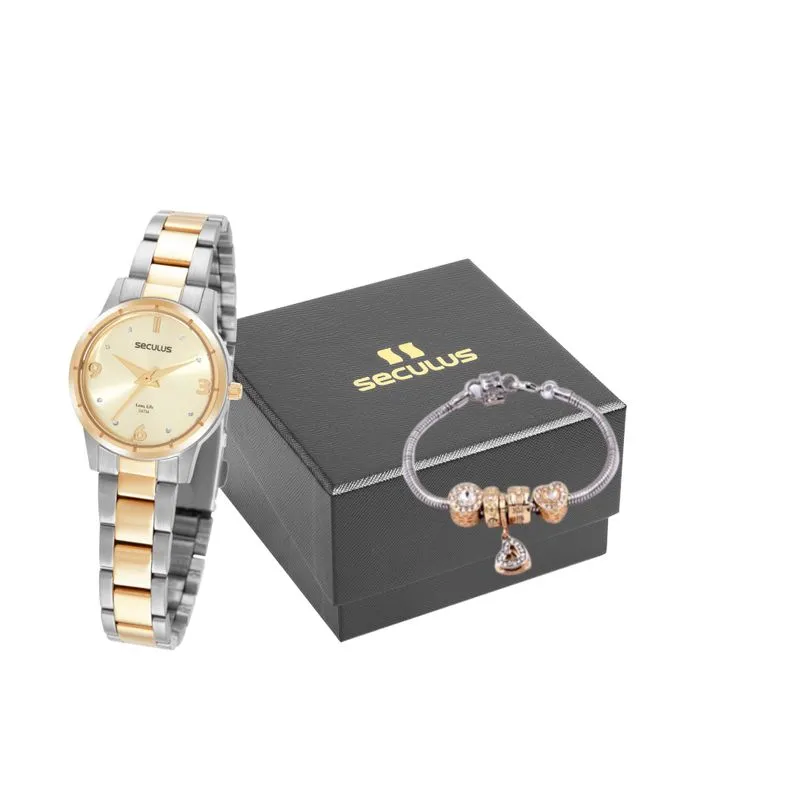 Kit Relógio Feminino Bicolor Com Pulseira de Berloques