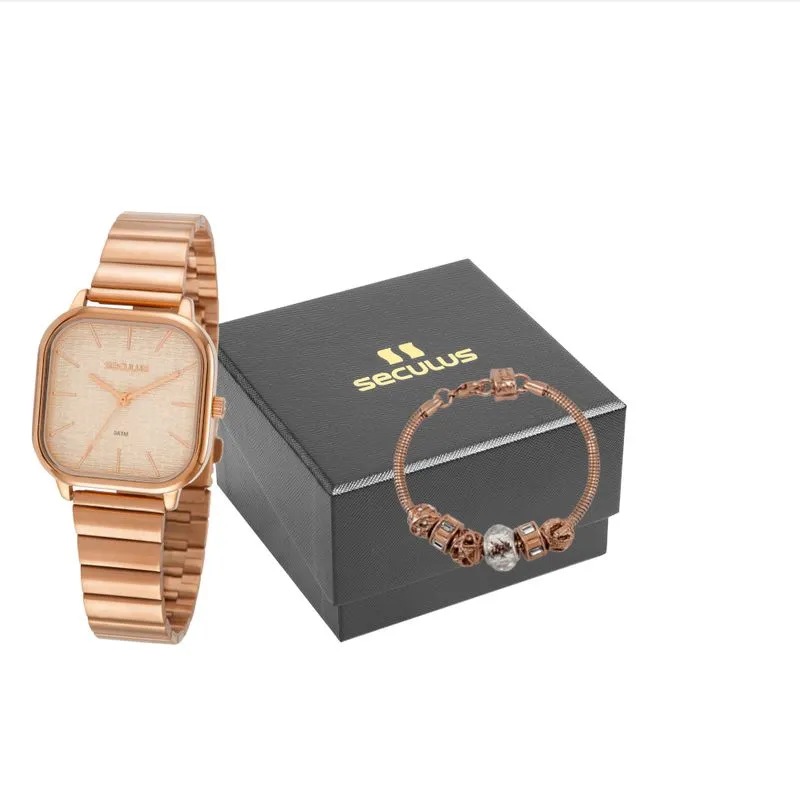 Kit Relógio Feminino Quadrado Rosé Com Pulseira Berloques