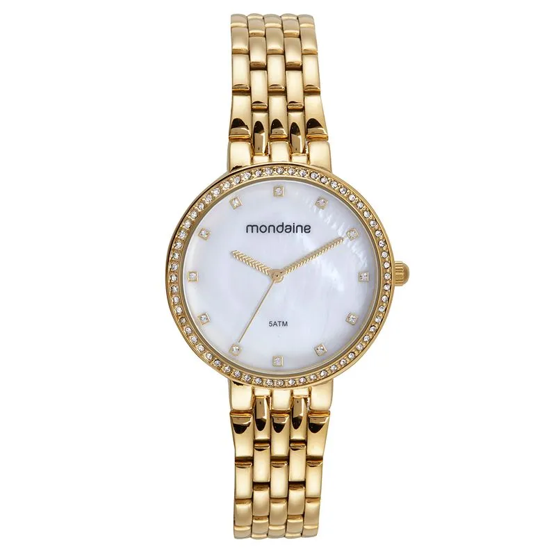 Relógio Feminino Madrepérola Cristais Dourado