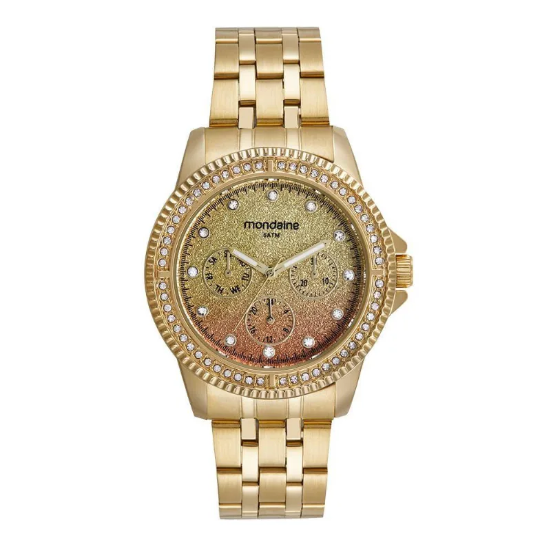 Relógio Feminino Glitter Dourado Clássico em Aço Inox com Cristais Mondaine 40MM