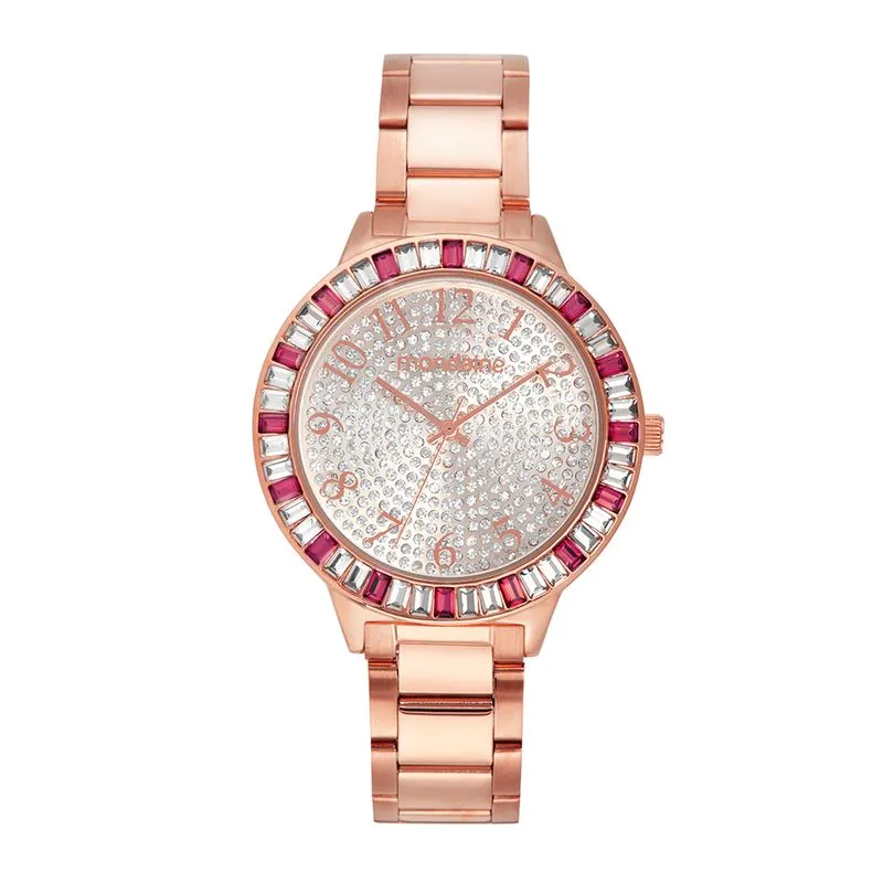 Relógio Feminino Cristais Baguete Rosé