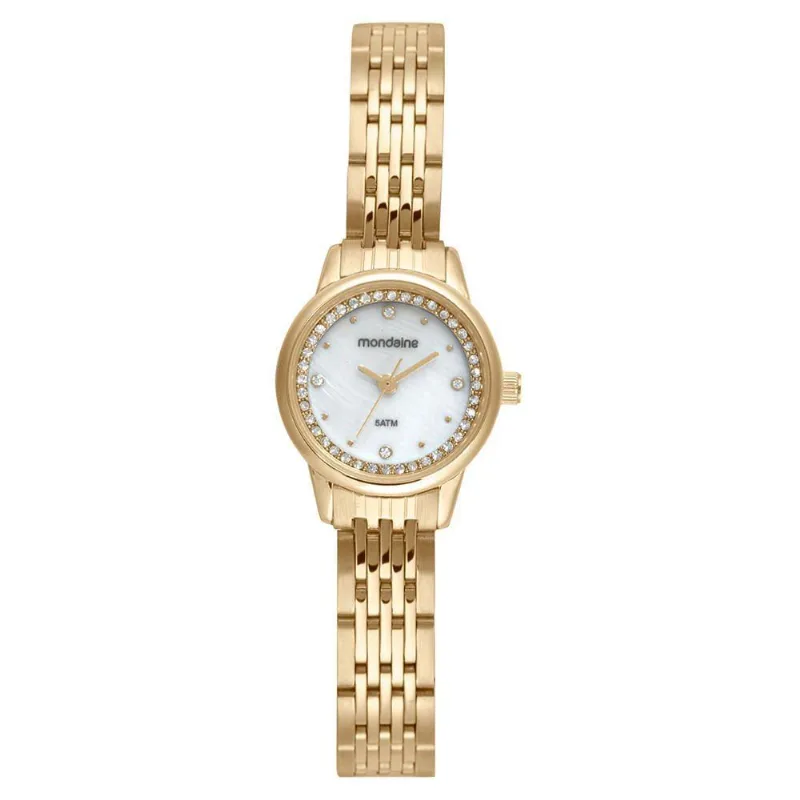 Relógio Feminino Joya Clássico em Aço Inox com Cristais Madrepérola Dourado Mondaine