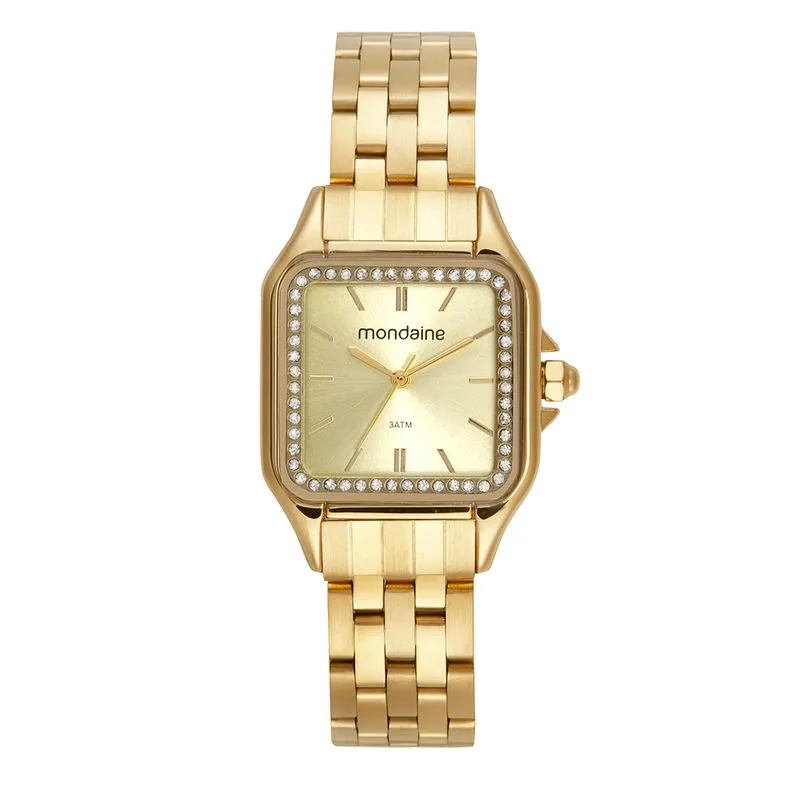 Relógio Feminino Quadrado Cristais Dourado
