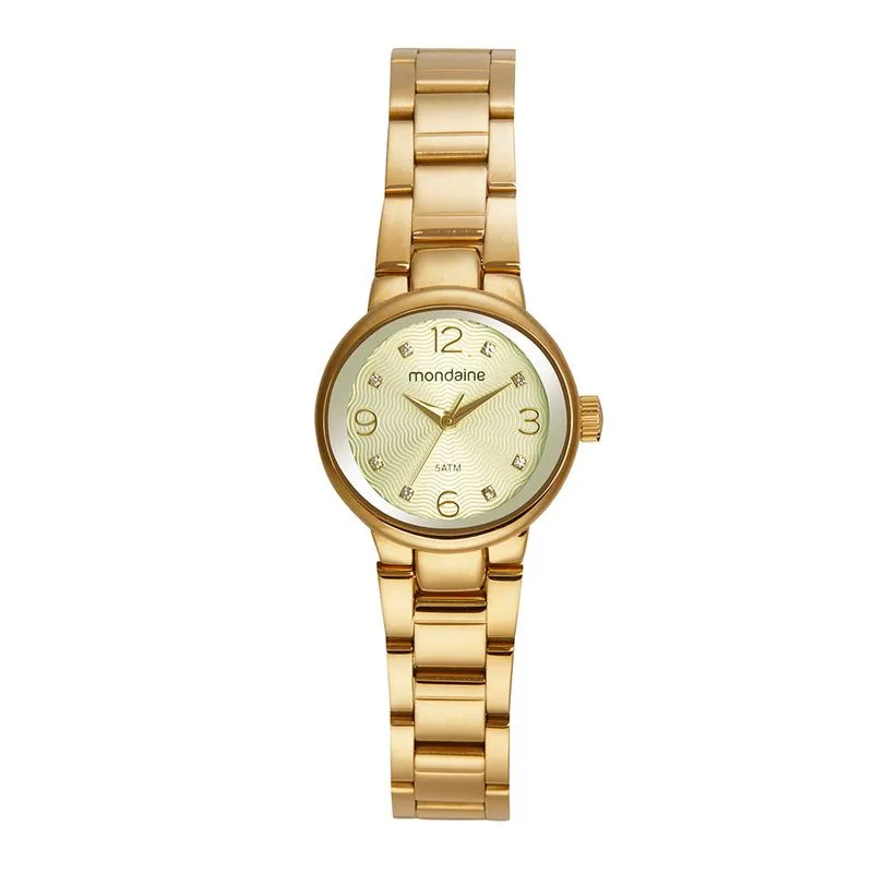 Relógio Feminino Cristais Visor Texturizado Dourado