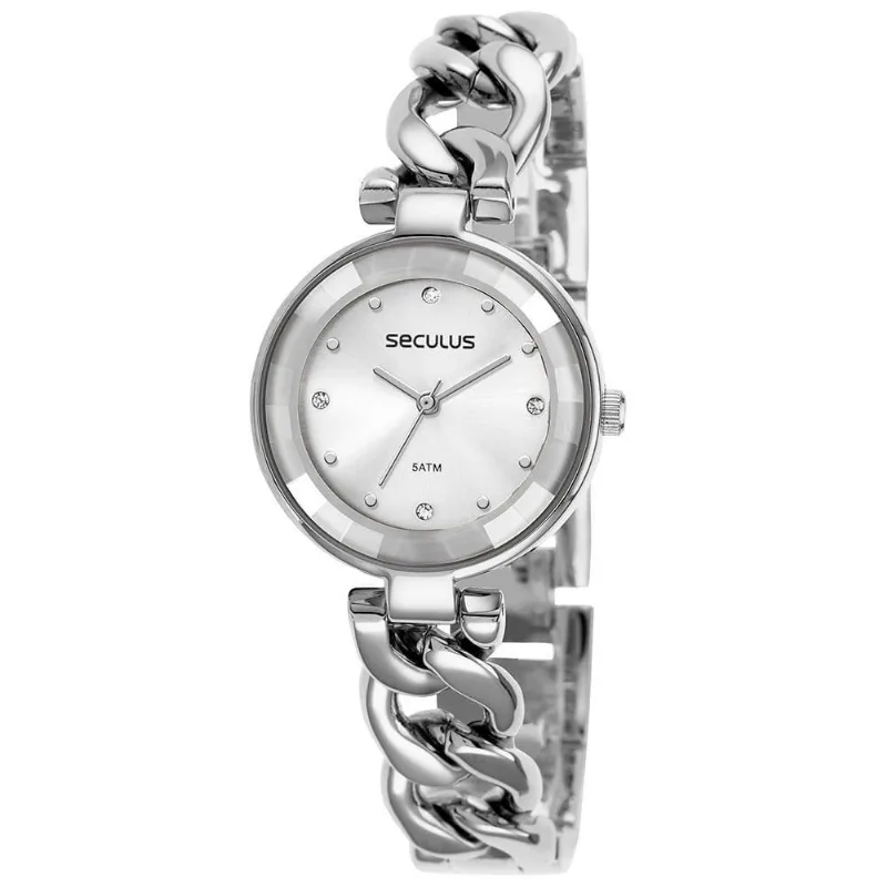Relógio Feminino Vidro Facetado Prata Analógico com Aço Inox Séculus