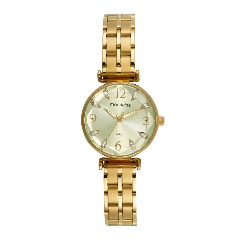 Relógio Feminino Cristais Vidro Facetado Dourado