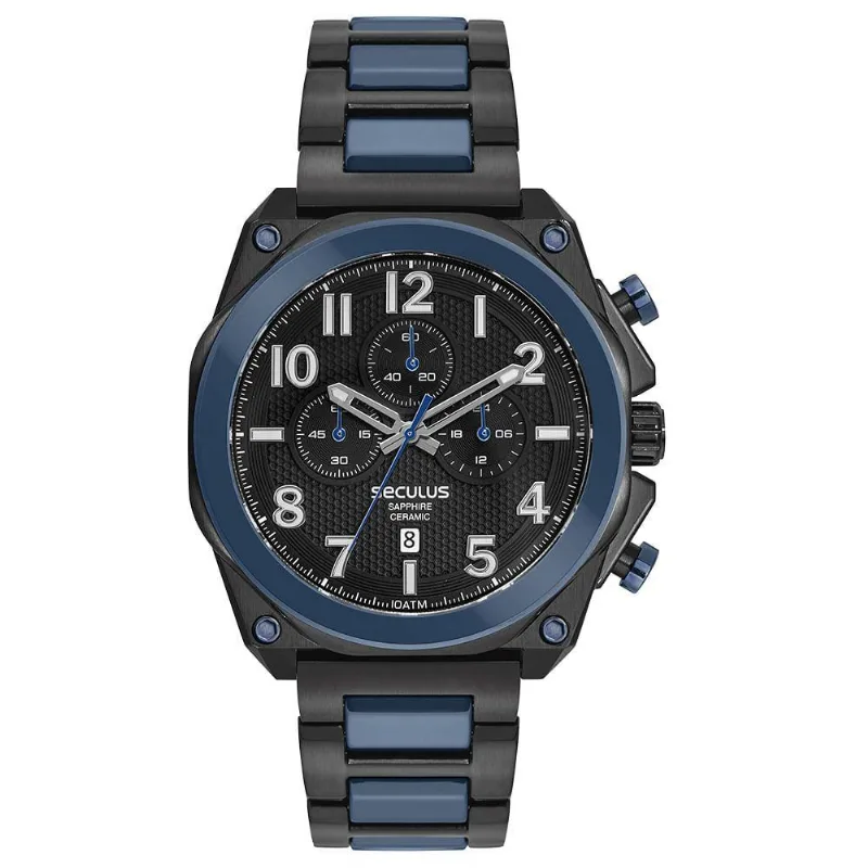 Relógio Masculino Cronógrafo Upper em Aço e Cerâmica Azul e Preto Séculus 47MM