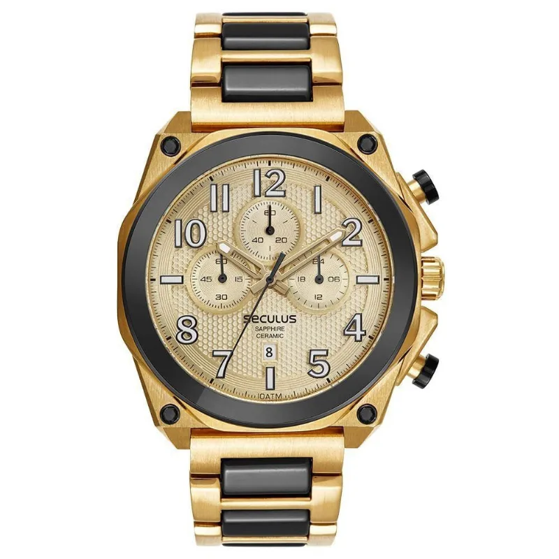 Relógio Masculino Cronógrafo Upper Aço Inox com Cerâmica Preto e Dourado Séculus