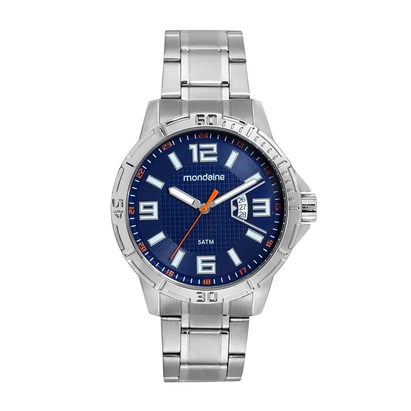 Relógio Masculino Prata Com Calendário Visor Azul
