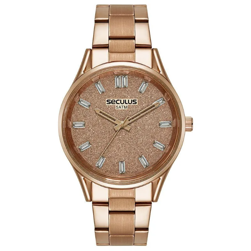 Relógio Feminino Glitter e Cristais Baguete Rosé Analógico Pulseira Aço Donna Karan
