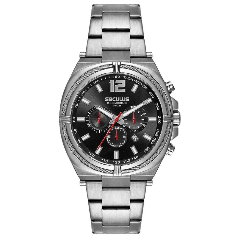 Relógio Masculino Aço Cronógrafo Aramado Prata Aço Inox LED Séculus