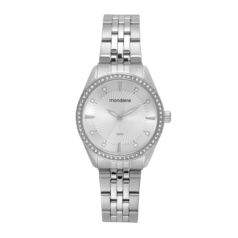 Relógio Feminino Cristais Visor Texturizado Prata