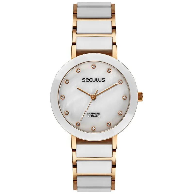 Relógio Feminino Cerâmica Madrepérola Rosé Clássico com Pulseira em Plástico Rosê Séculus