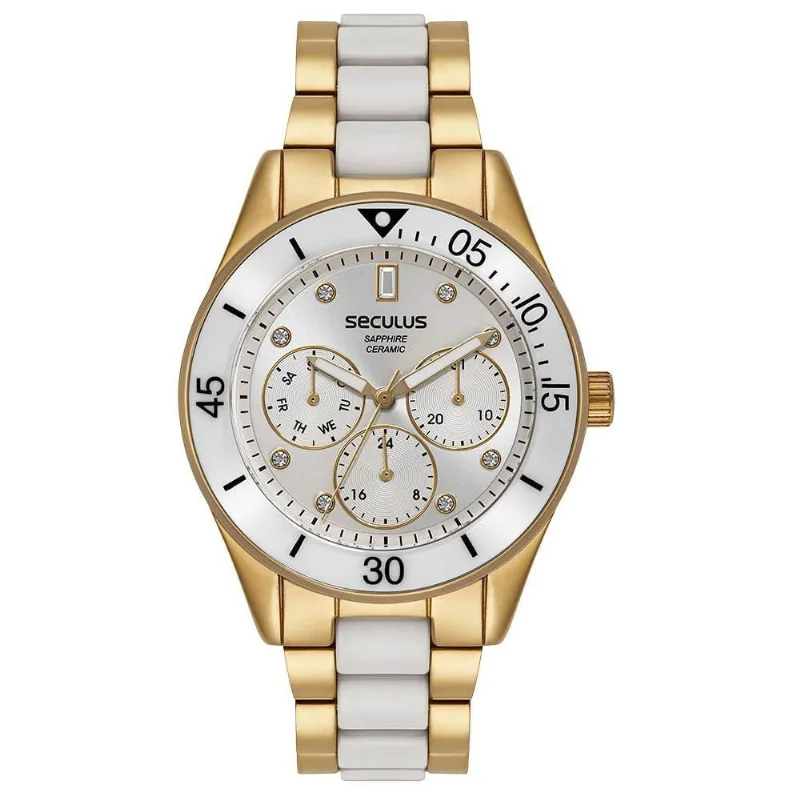 Relógio Feminino Cerâmica Dourado Clássico com Pulseira de Metal Séculus