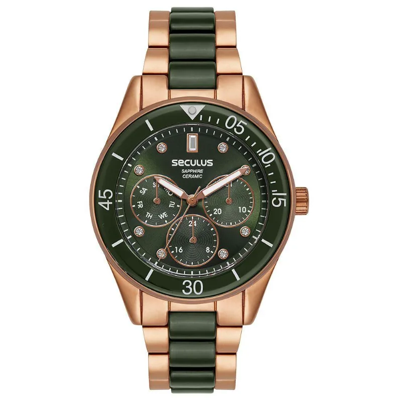 Relógio Feminino Cerâmica Verde e Rosé Clássico Metal Multifunção Séculus 40MM