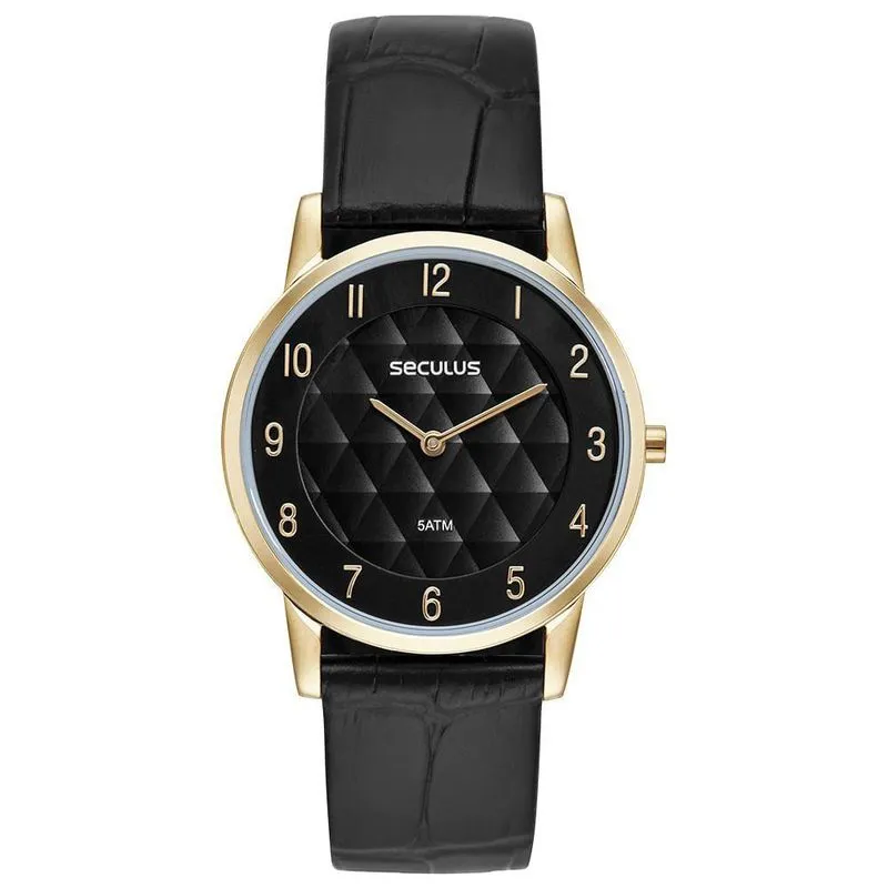 Relógio Masculino Slim Analógico Couro Croco Dourado com Cristal Mineral Séculus 38MM