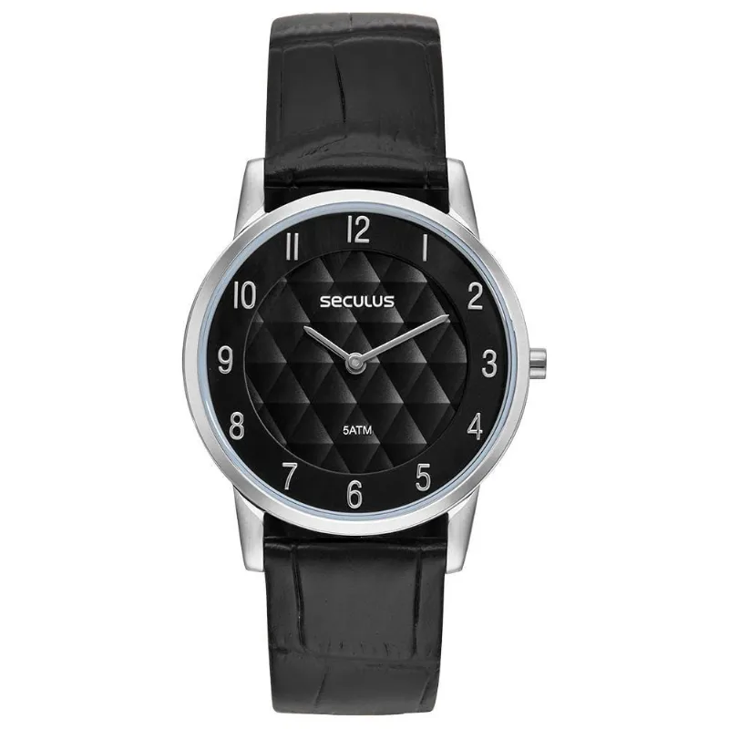 Relógio Masculino Slim Analógico em Couro Croco Prata com Cristal Mineral Séculus