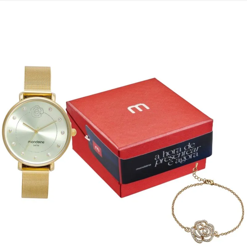 Kit Relógio Feminino Malha de Aço Dourado com Pulseira Flor