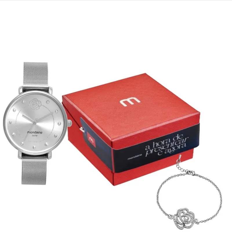 Kit Relógio Feminino Malha de Aço Prata com Pulseira Flor