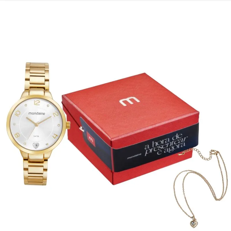 Kit Relógio Feminino Dourado Com Colar Pingente Coração