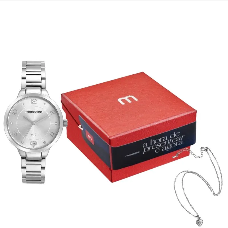 Kit Relógio Feminino Prata Com Colar Pingente Coração