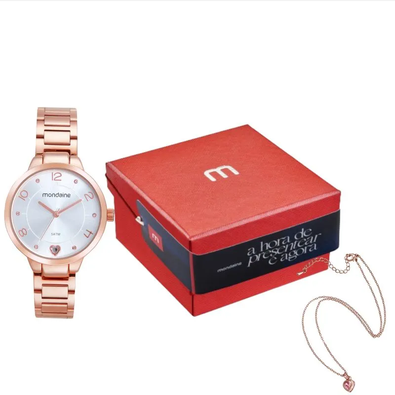 Kit Relógio Feminino Rosé Com Colar Pingente Coração