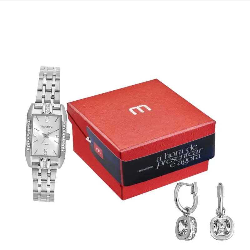 Kit Relógio Feminino Quadrado Prata com Brincos