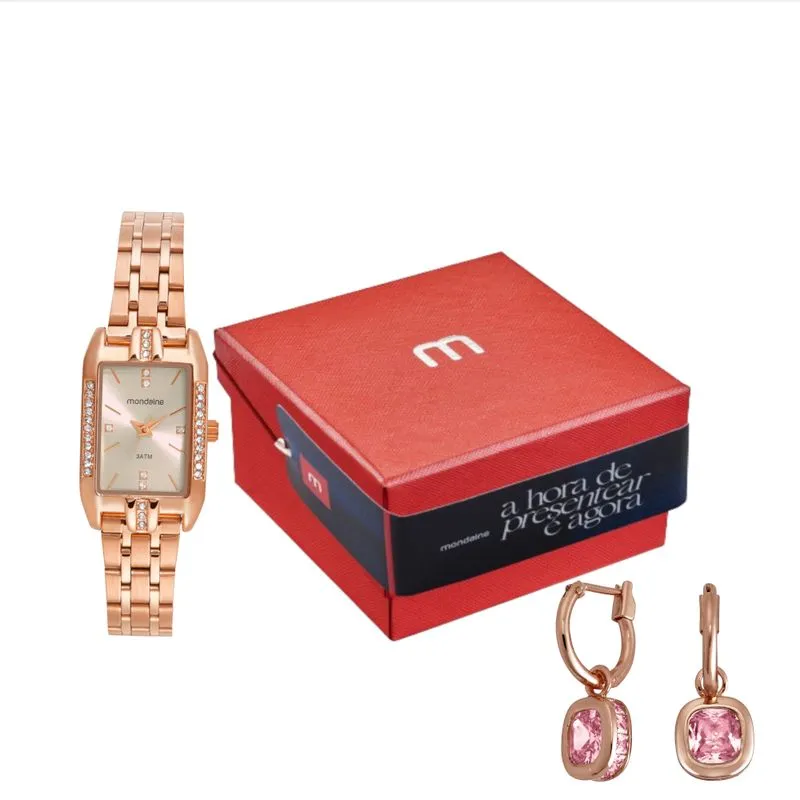 Kit Relógio Feminino Quadrado Rosé com Brincos