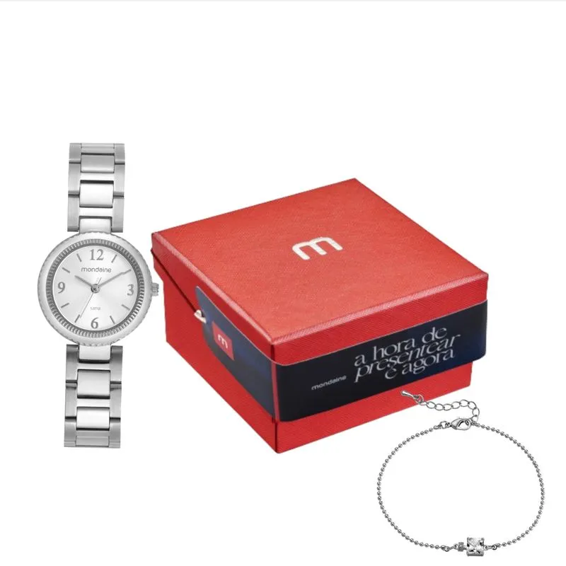 Kit Relógio Feminino Quadrado Prata com Pulseira