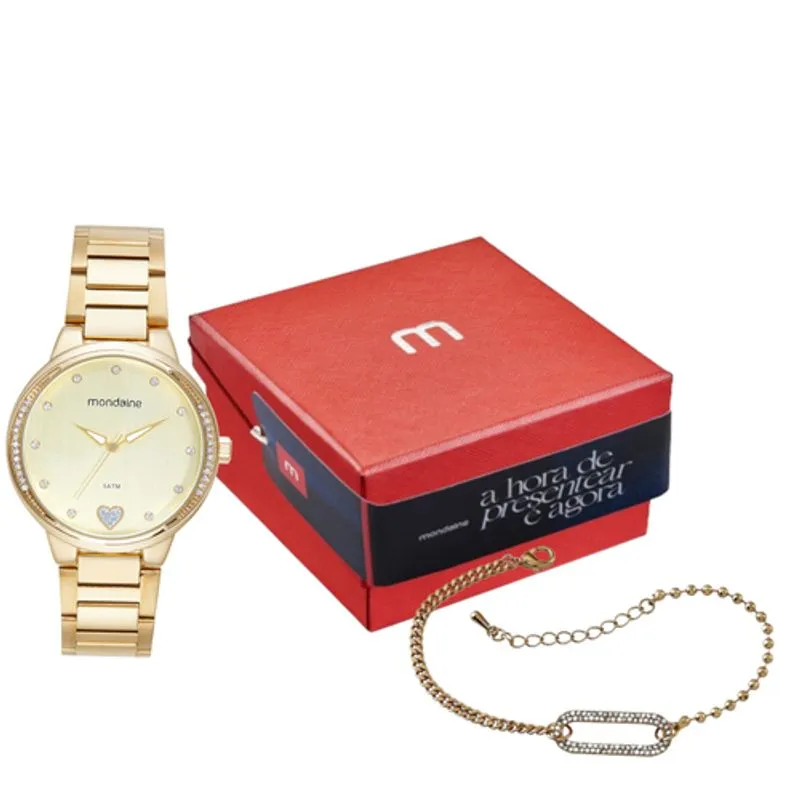Kit Relógio Feminino Cristais Dourado Com Pulseira